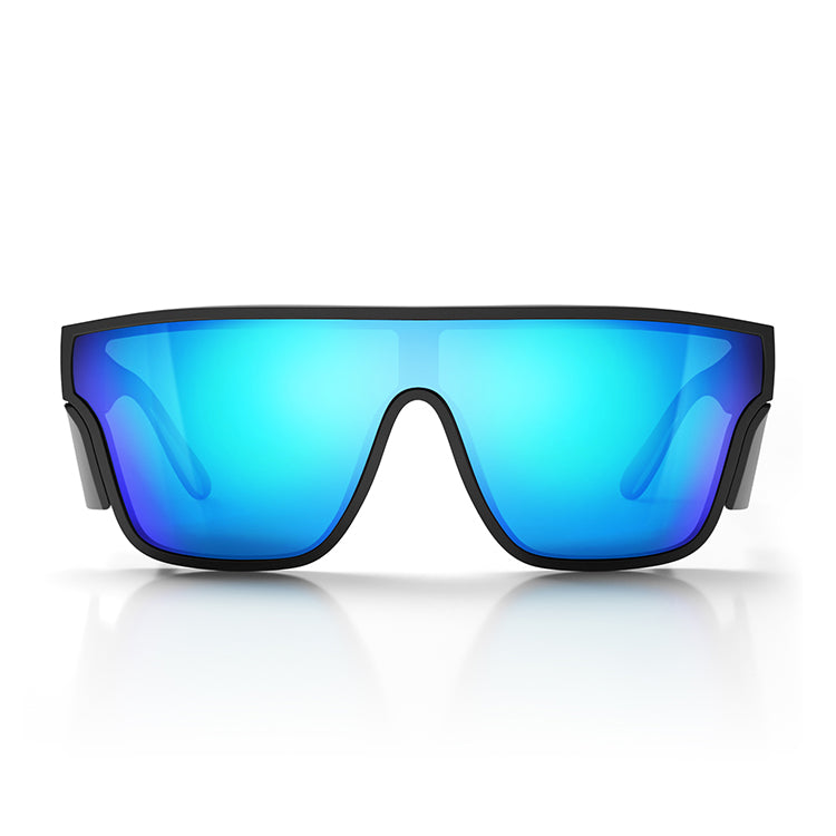 Front of SafeStyle Primes Matte Black Blue Reflective Lens Safety Glasses