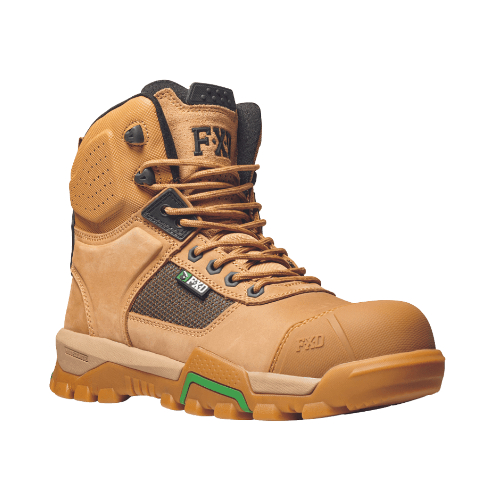 FXD WB.1 Nitrolite Work Boots featuring a breathable Nubuck/Microfiber upper, lightweight composite safety toe, and NITROLITE™ Phylon midsole cushioning. Includes a YKK 10-gauge coil zip, slip-resistant outsole, and padded Achilles support. Ideal for safety and comfort in demanding work environments. -Wheat side