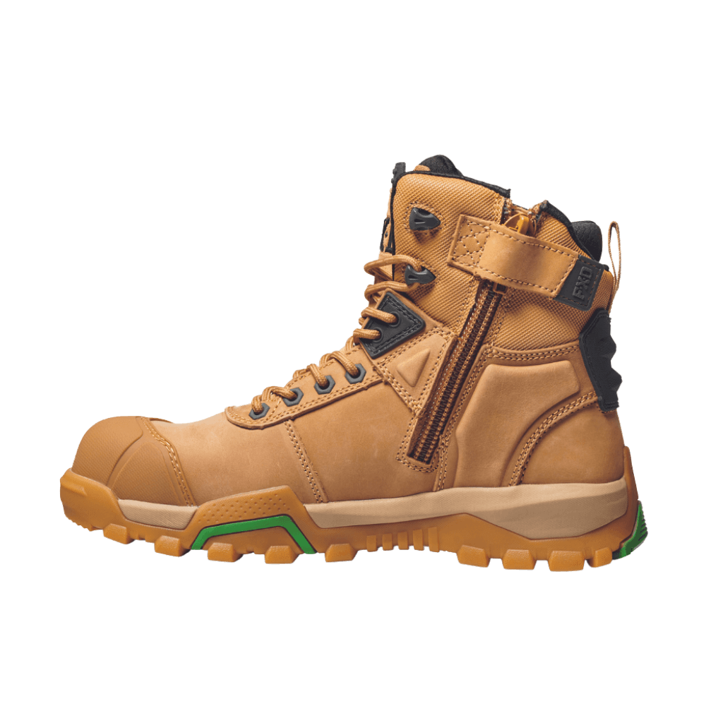 FXD WB.1 Nitrolite Work Boots featuring a breathable Nubuck/Microfiber upper, lightweight composite safety toe, and NITROLITE™ Phylon midsole cushioning. Includes a YKK 10-gauge coil zip, slip-resistant outsole, and padded Achilles support. Ideal for safety and comfort in demanding work environments. wheat - facing left