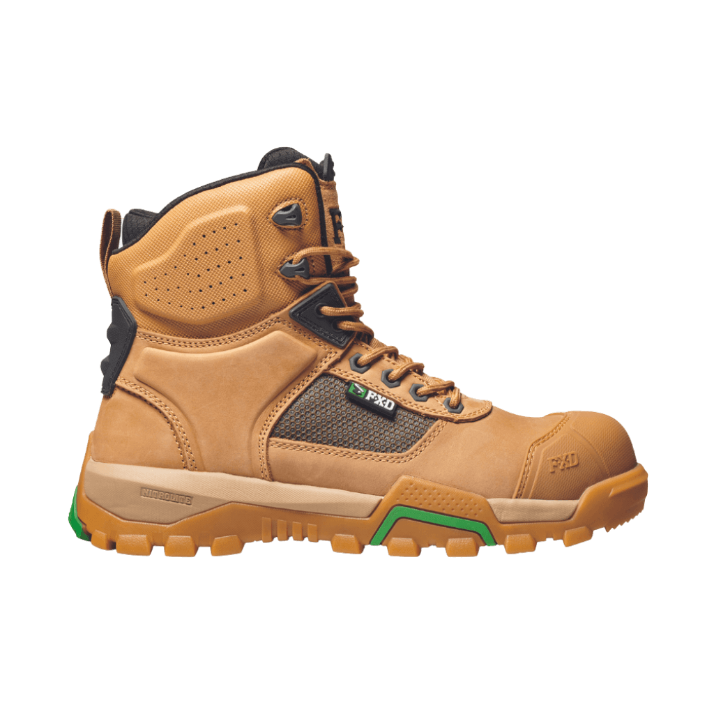 FXD WB.1 Nitrolite Work Boots featuring a breathable Nubuck/Microfiber upper, lightweight composite safety toe, and NITROLITE™ Phylon midsole cushioning. Includes a YKK 10-gauge coil zip, slip-resistant outsole, and padded Achilles support. Ideal for safety and comfort in demanding work environments. wheat facing right