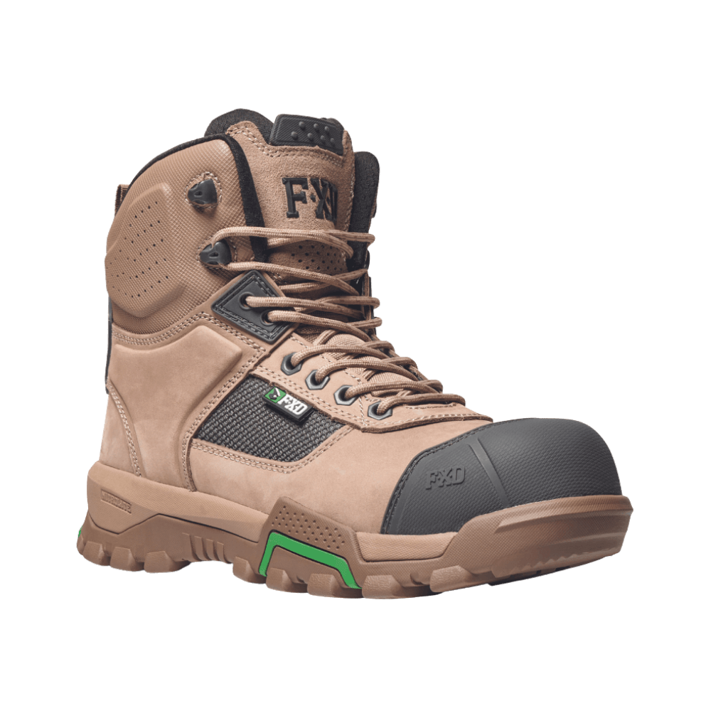 FXD WB.1 Nitrolite Work Boots featuring a breathable Nubuck/Microfiber upper, lightweight composite safety toe, and NITROLITE™ Phylon midsole cushioning. Includes a YKK 10-gauge coil zip, slip-resistant outsole, and padded Achilles support. Ideal for safety and comfort in demanding work environments. - Stone - side