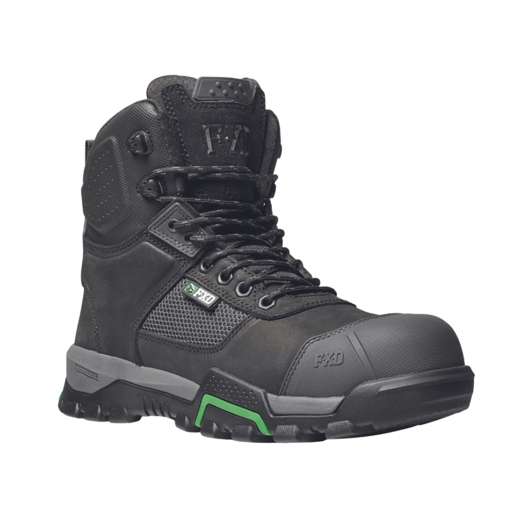 FXD WB.1 Nitrolite Work Boots featuring a breathable Nubuck/Microfiber upper, lightweight composite safety toe, and NITROLITE™ Phylon midsole cushioning. Includes a YKK 10-gauge coil zip, slip-resistant outsole, and padded Achilles support. Ideal for safety and comfort in demanding work environments. - Black side